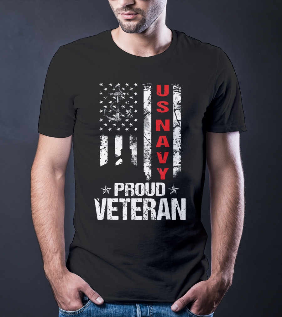 US Navy Proud Veteran Patriotic American Flag Anchor Stars T-Shirt