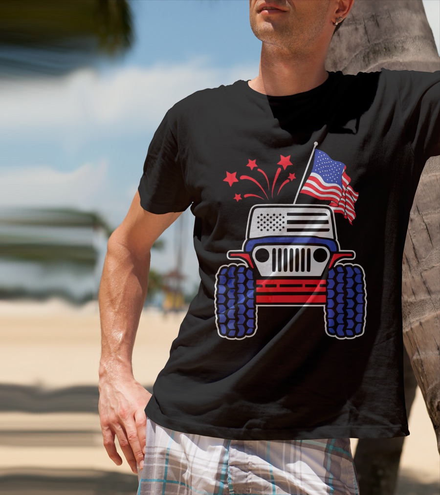 Jeep With Stars And Stripes American Flag Fireworks T-Shirt