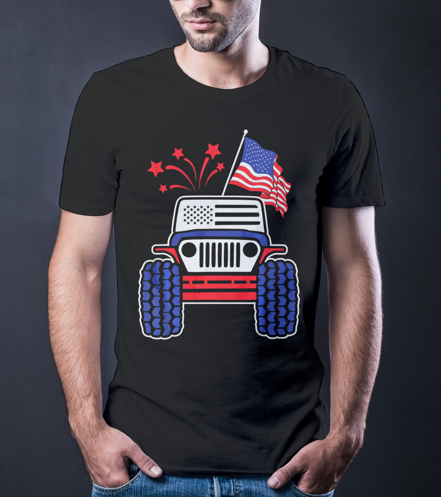 Jeep With Stars And Stripes American Flag Fireworks T-Shirt