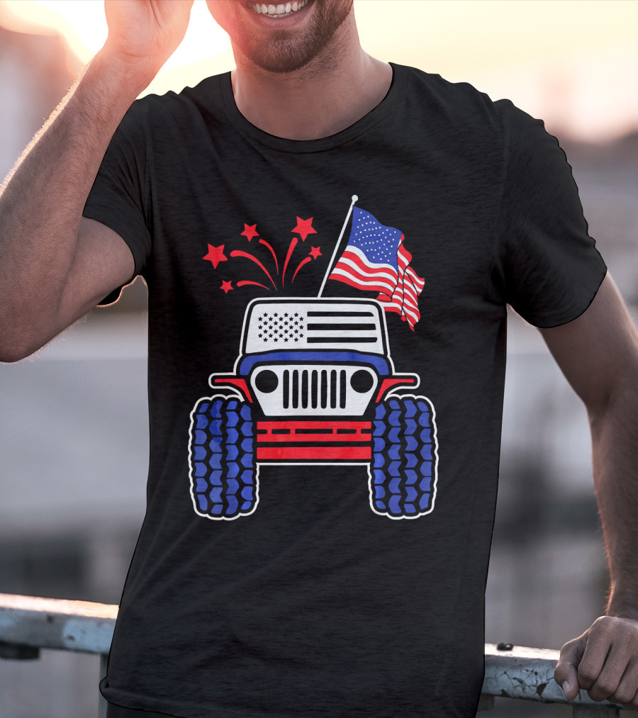 Jeep With Stars And Stripes American Flag Fireworks T-Shirt