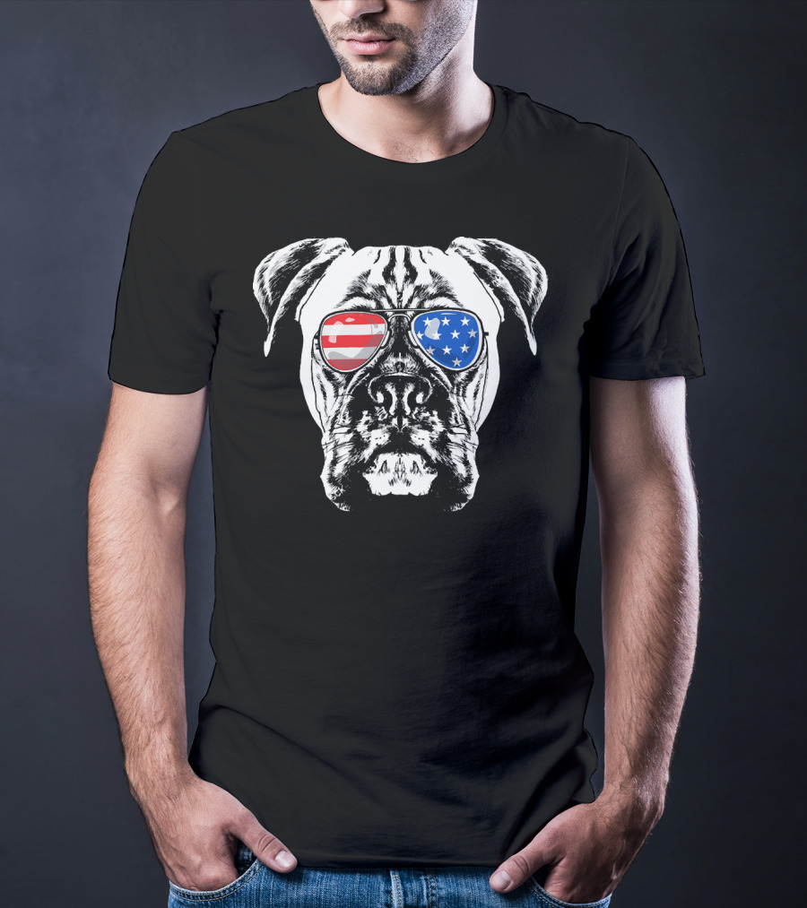 Boxer Dog American Flag Sunglasses Patriotic T-Shirt