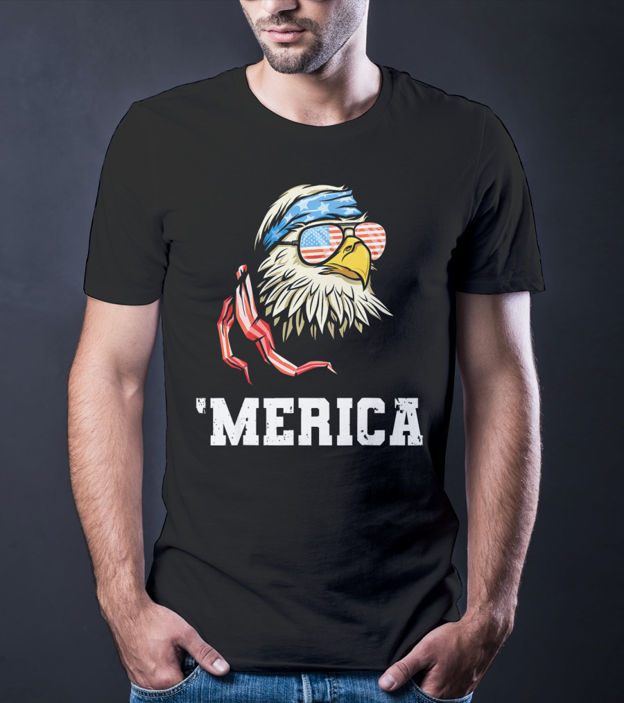 'Merica Patriotic Eagle American Flag Bandana And Sunglasses T-Shirt