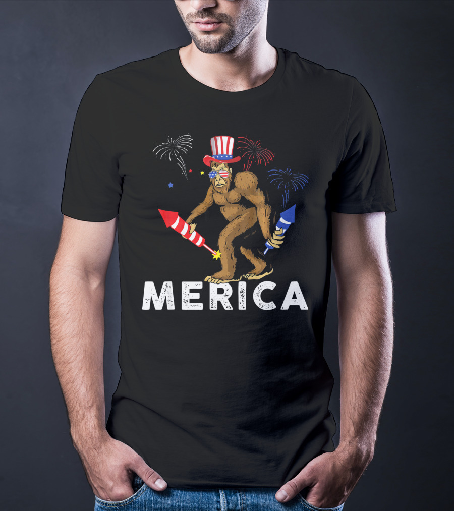 Bigfoot Merica Fireworks Patriotic Hat Independence Day T-Shirt