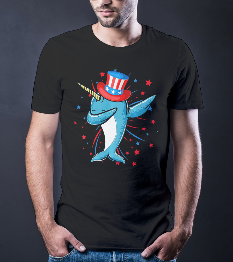 Dabbing Narwhal With Stars And Stripes Hat Firework Background T-Shirt