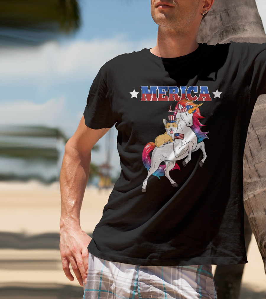 MERICA Corgi Dog Riding Unicorn With American Flag USA T-Shirt