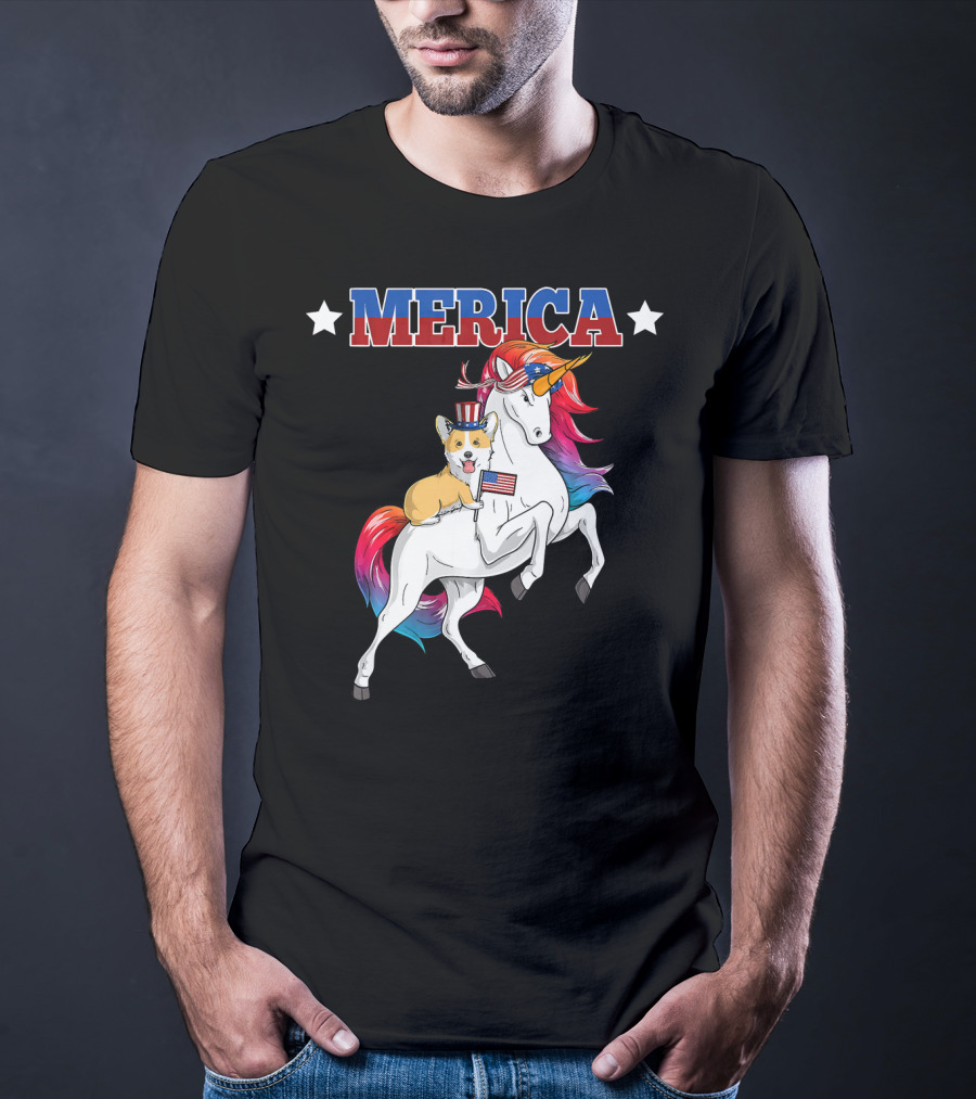 MERICA Corgi Dog Riding Unicorn With American Flag USA T-Shirt