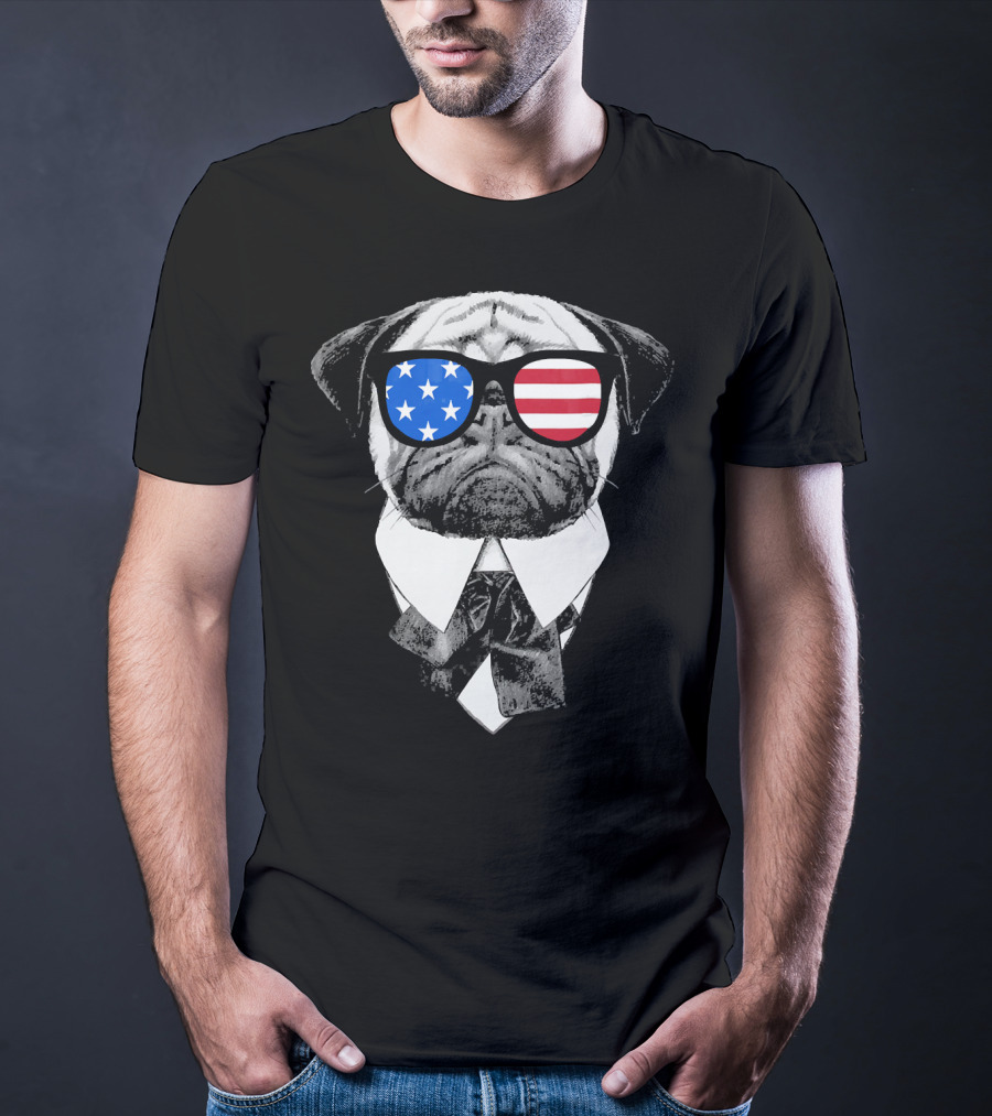 Patriotic Pug With American Flag Sunglasses And Tie T-Shirt