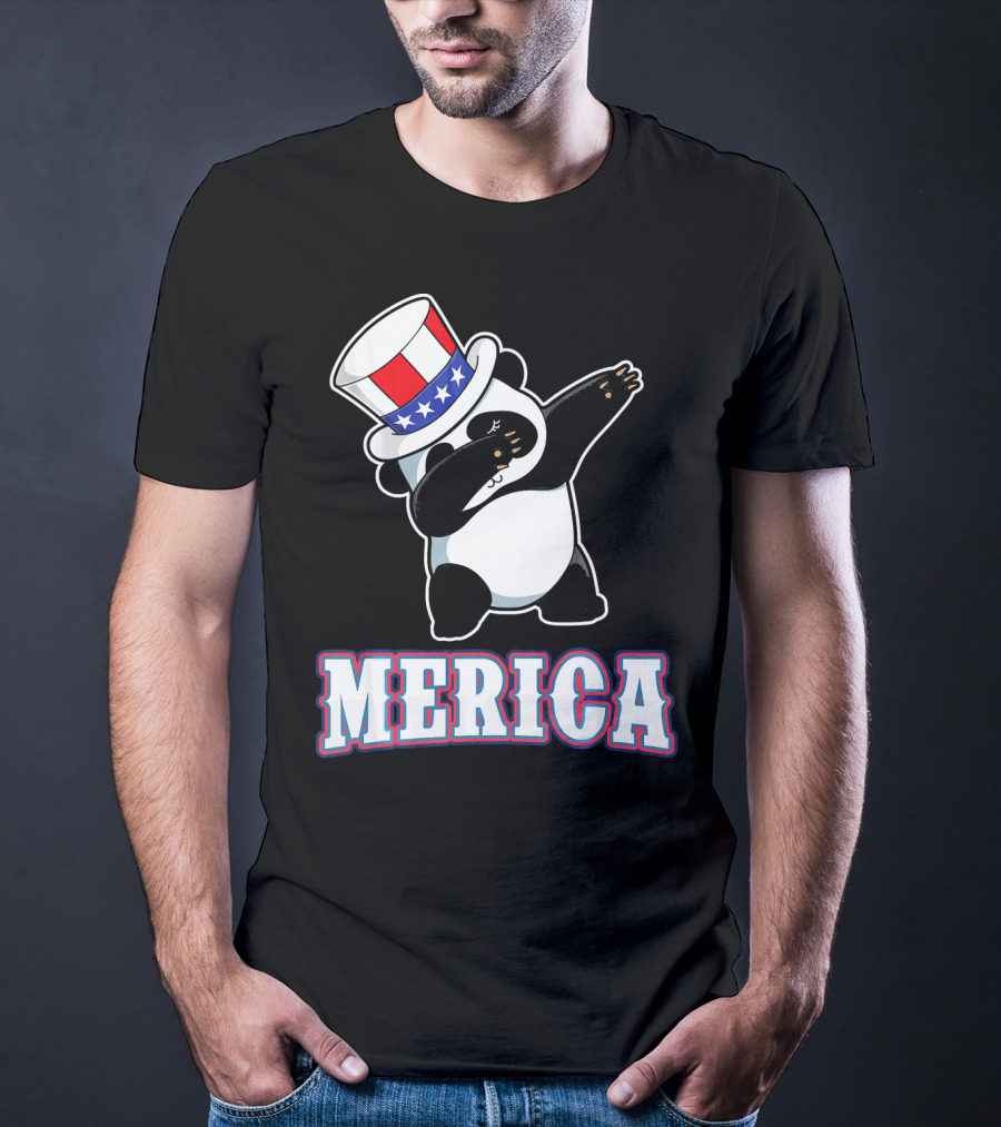 Merica Dabbing Panda In American Flag Top Hat T-Shirt