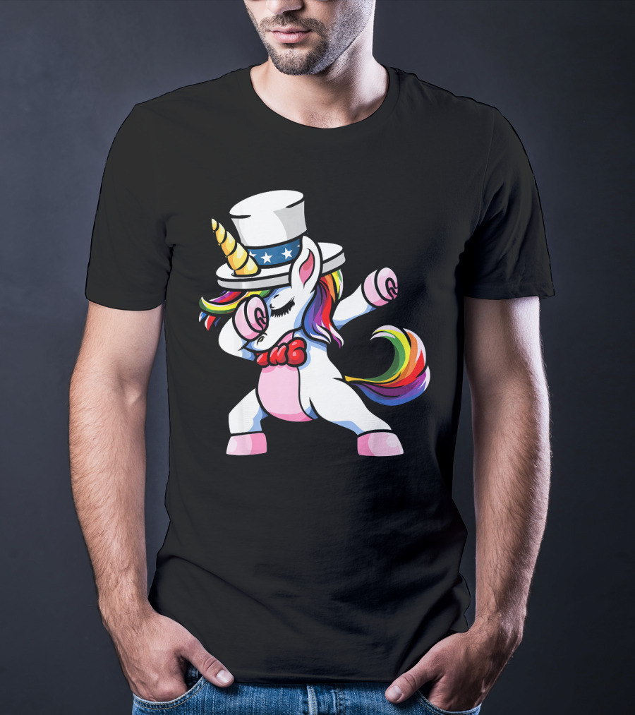 Girls Dabbing Unicorn With Patriotic American Hat T-Shirt