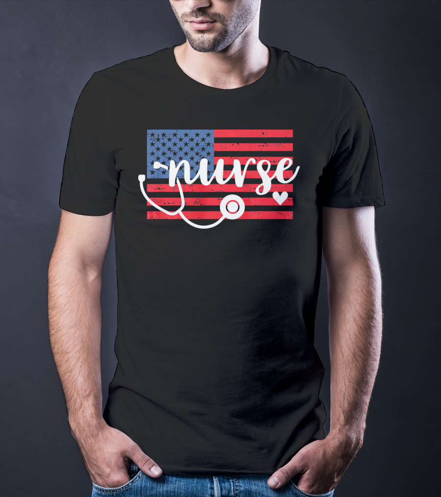 Nurse American Flag With Stethoscope And Heart T-Shirt
