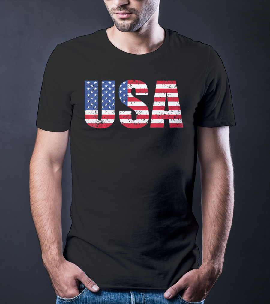 USA Flag American Patriotic Stars And Stripes Bold Lettering T-Shirt