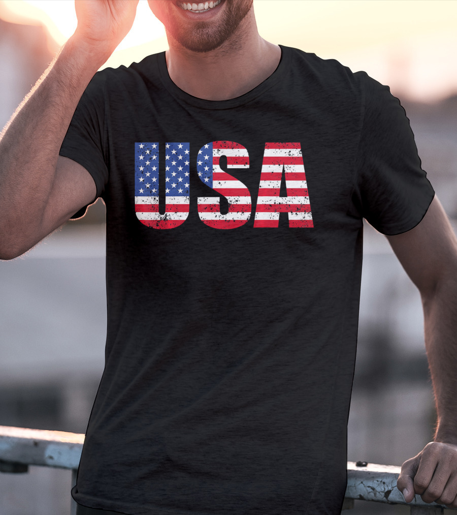 USA Flag American Patriotic Stars And Stripes Bold Lettering T-Shirt
