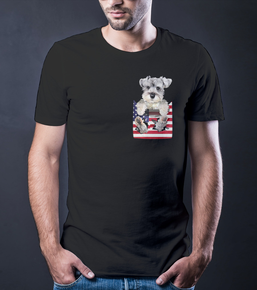 Schnauzer Dog In Pocket With American Flag T-Shirt