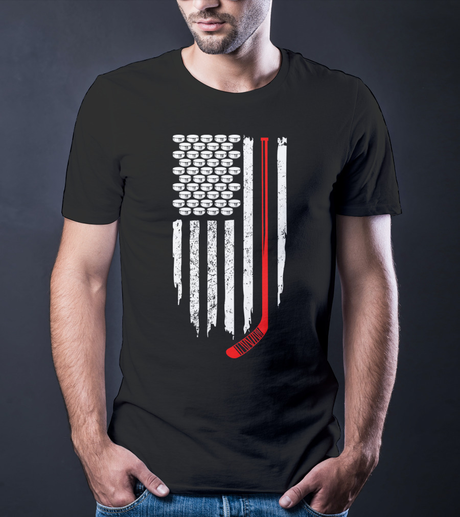 Patriotic Hockey Flag Design With Red Hockey Stick And Puck Stars T-Shirt