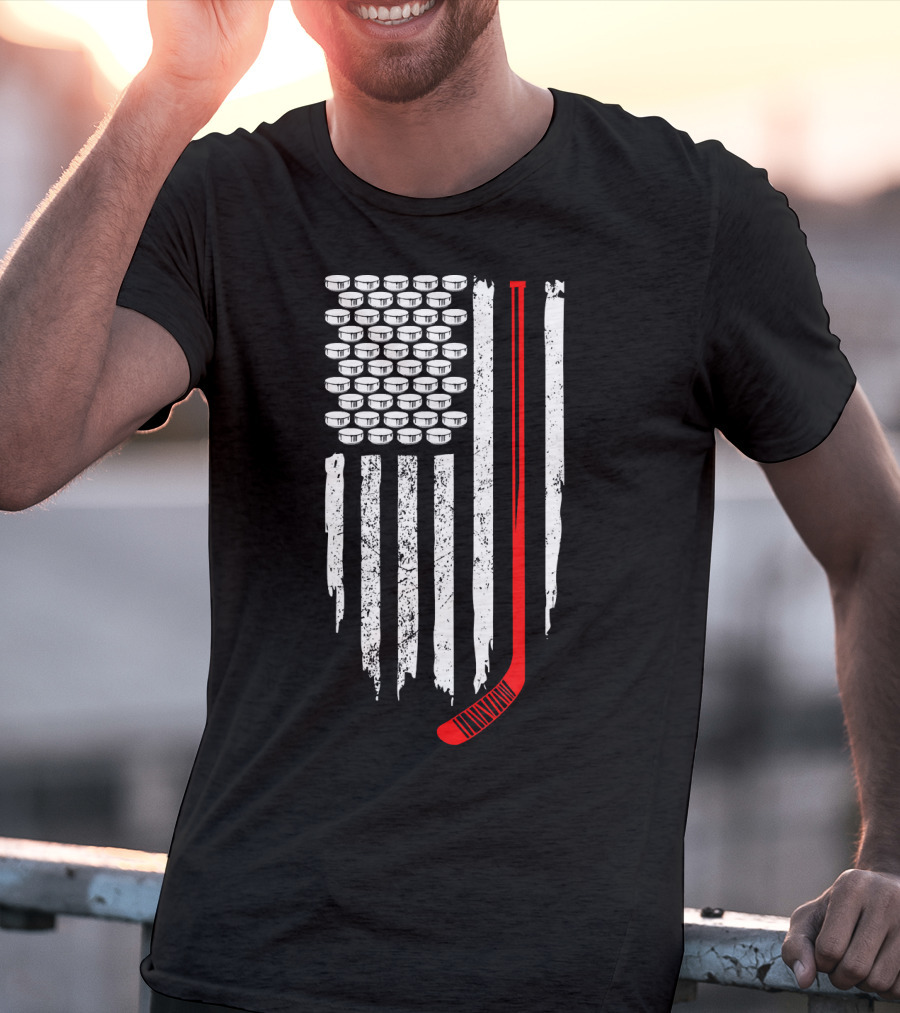 Patriotic Hockey Flag Design With Red Hockey Stick And Puck Stars T-Shirt