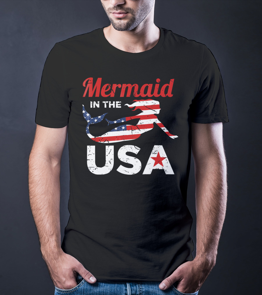 Mermaid In The USA American Flag T-Shirt