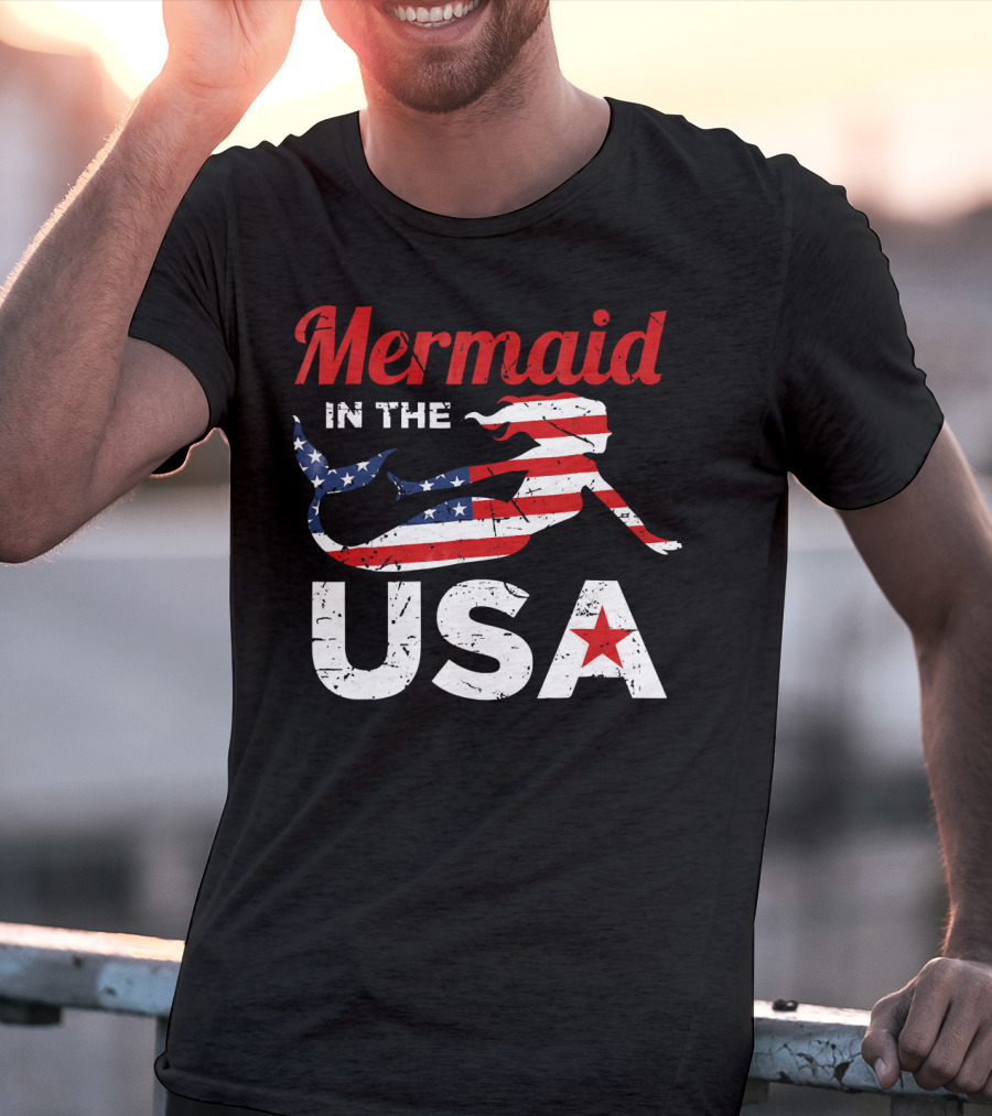 Mermaid In The USA American Flag T-Shirt