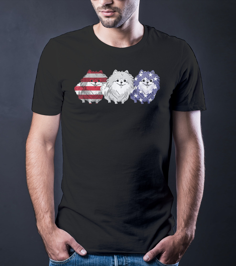 Patriotic Pomeranian Dog Lover American Flag Trio T-Shirt