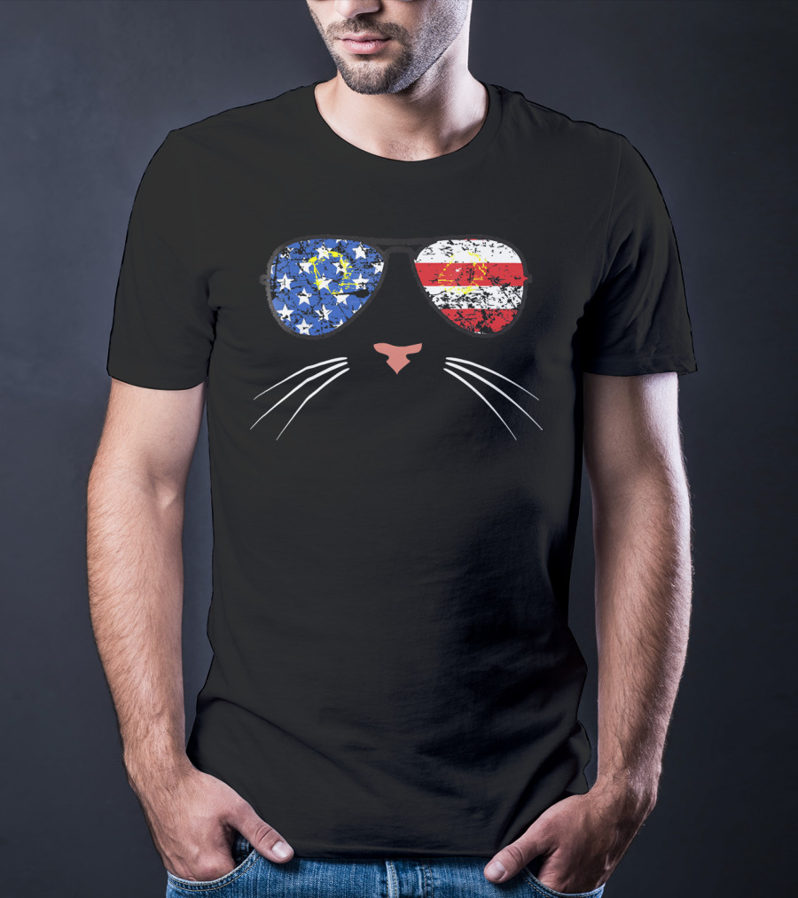 American Cat Face Stars Stripes USA Sunglasses T-Shirt