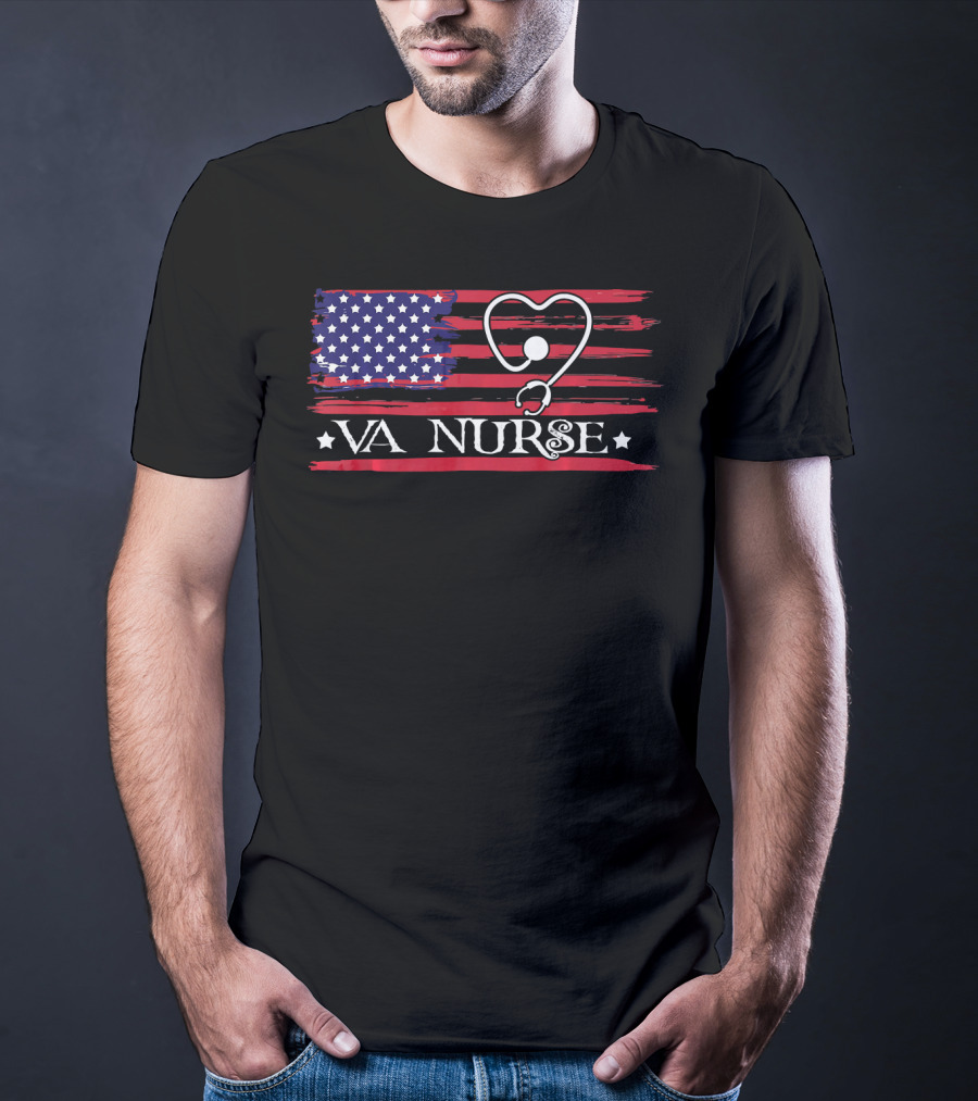 American Flag VA Nurse Heart Stethoscope Patriotic T-Shirt
