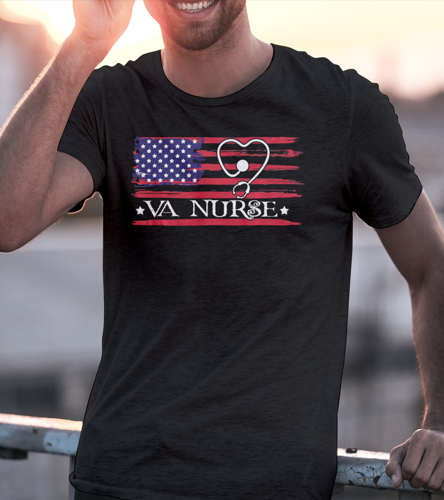 American Flag VA Nurse Heart Stethoscope Patriotic T-Shirt