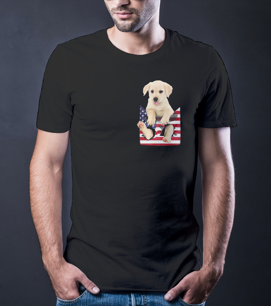 Labrador Puppy Sitting In American Flag Pocket T-Shirt