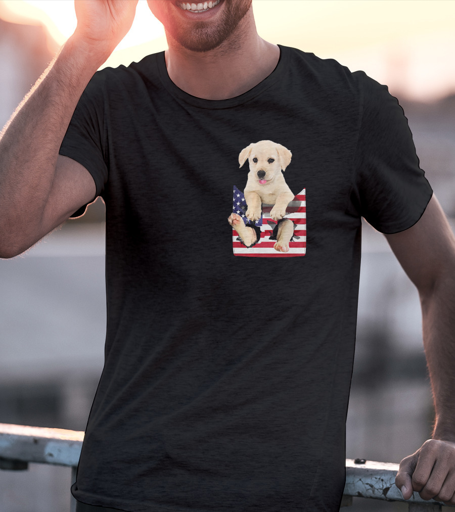 Labrador Puppy Sitting In American Flag Pocket T-Shirt