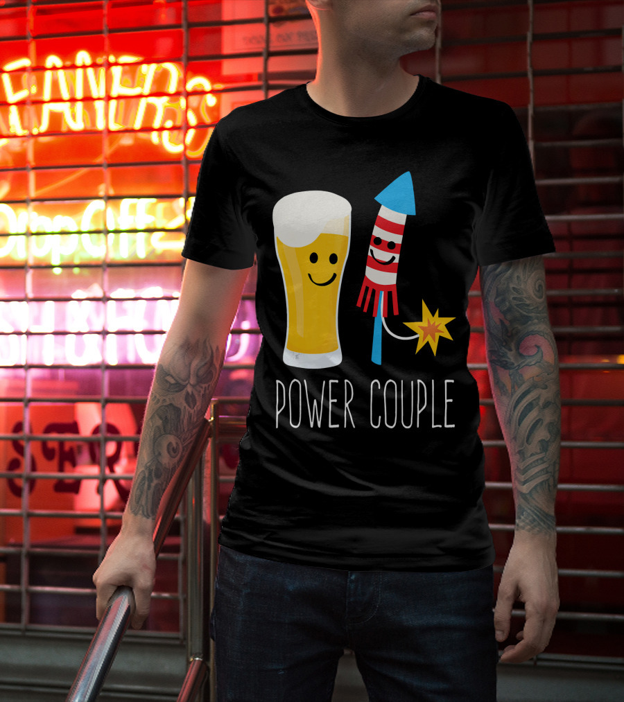Beer And Fireworks Power Couple Smiling Glass And Rocket T-Shirt