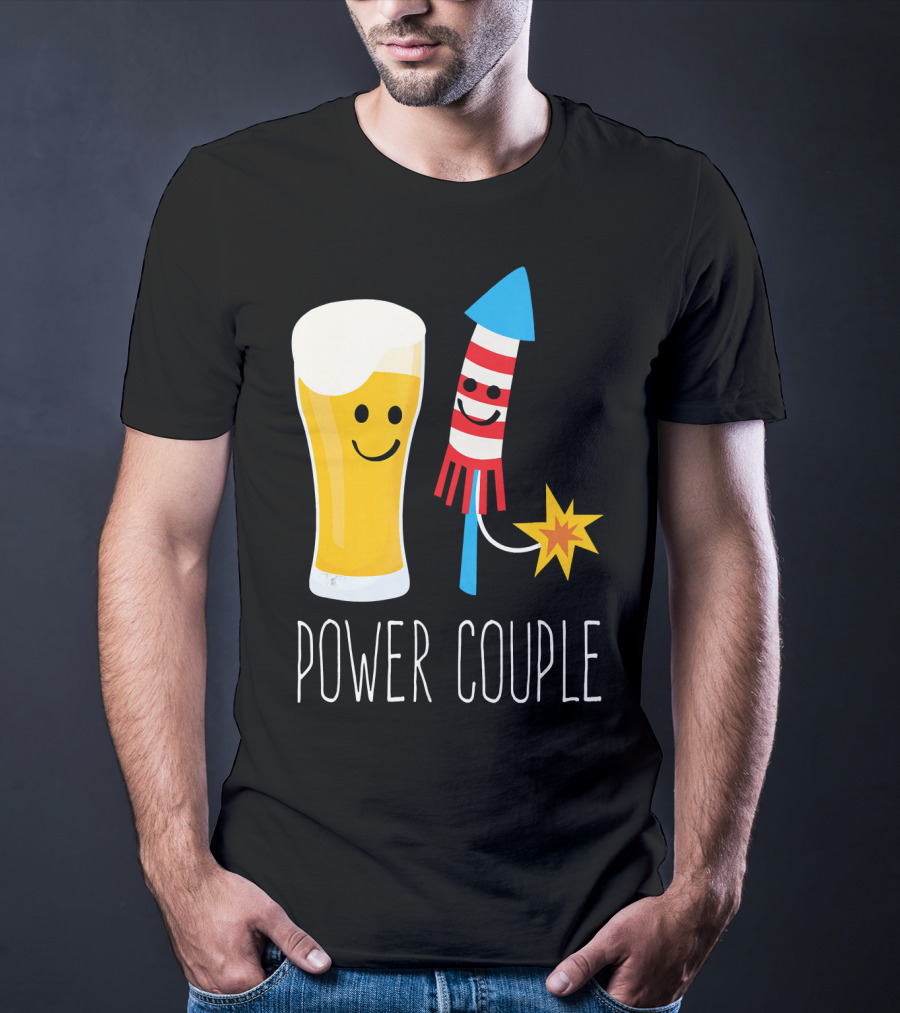 Beer And Fireworks Power Couple Smiling Glass And Rocket T-Shirt