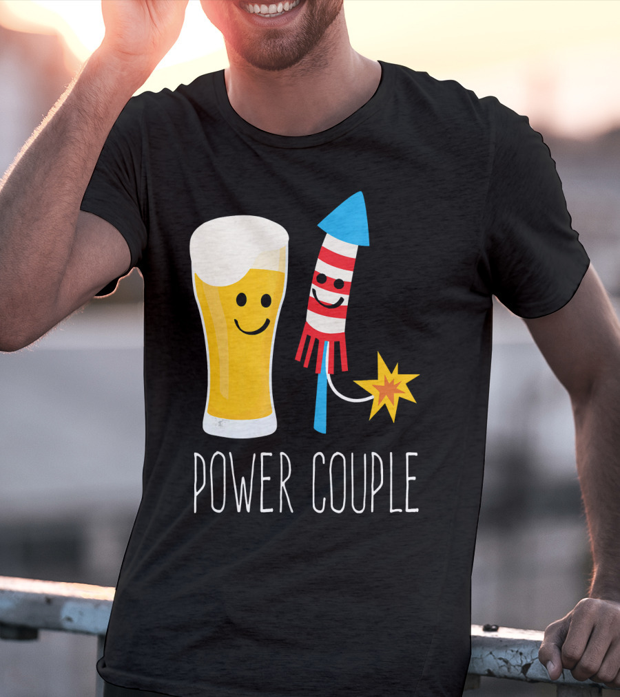 Beer And Fireworks Power Couple Smiling Glass And Rocket T-Shirt