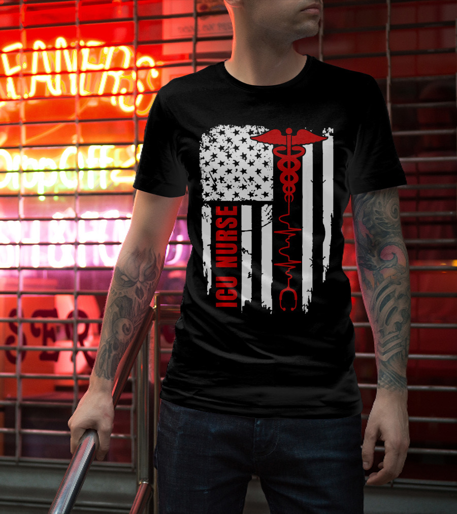 ICU Nurse American Flag Caduceus Heartbeat T-Shirt