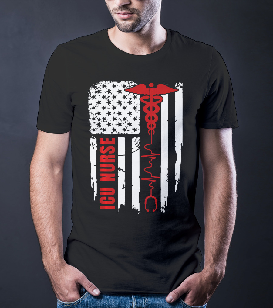 ICU Nurse American Flag Caduceus Heartbeat T-Shirt