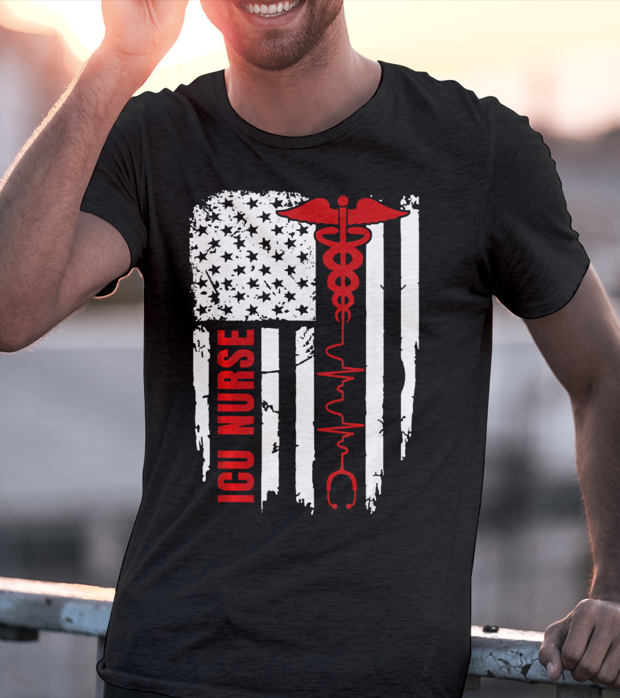 ICU Nurse American Flag Caduceus Heartbeat T-Shirt