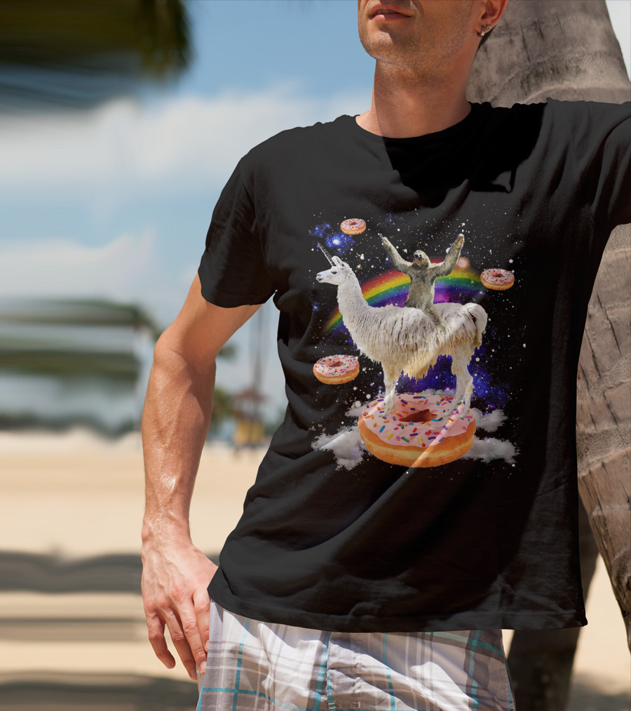 Space Adventure Sloth On Unicorn Llama With Floating Donuts And Rainbow T-Shirt