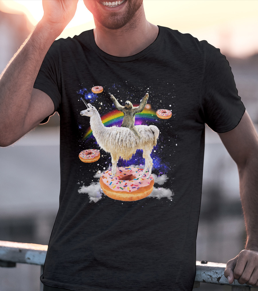 Space Adventure Sloth On Unicorn Llama With Floating Donuts And Rainbow T-Shirt
