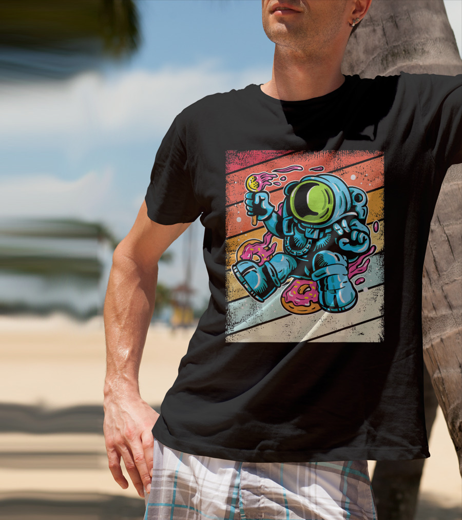 Astronaut Enjoying Ice Cream And Donuts In Retro Space Suit On Colorful T-Shirt