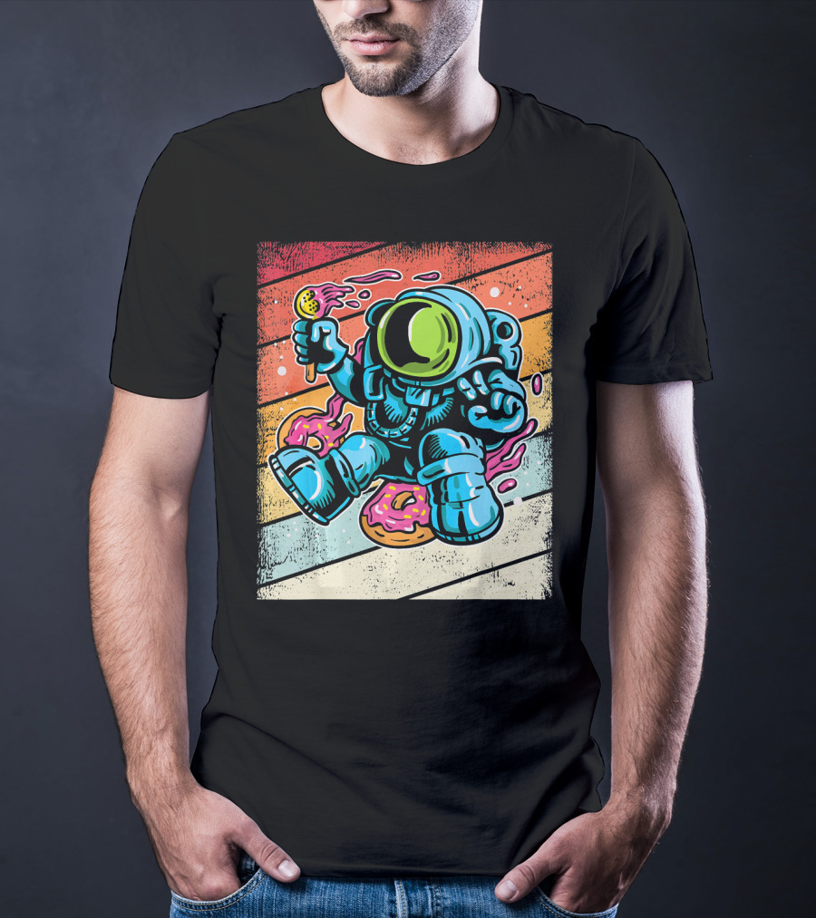 Astronaut Enjoying Ice Cream And Donuts In Retro Space Suit On Colorful T-Shirt