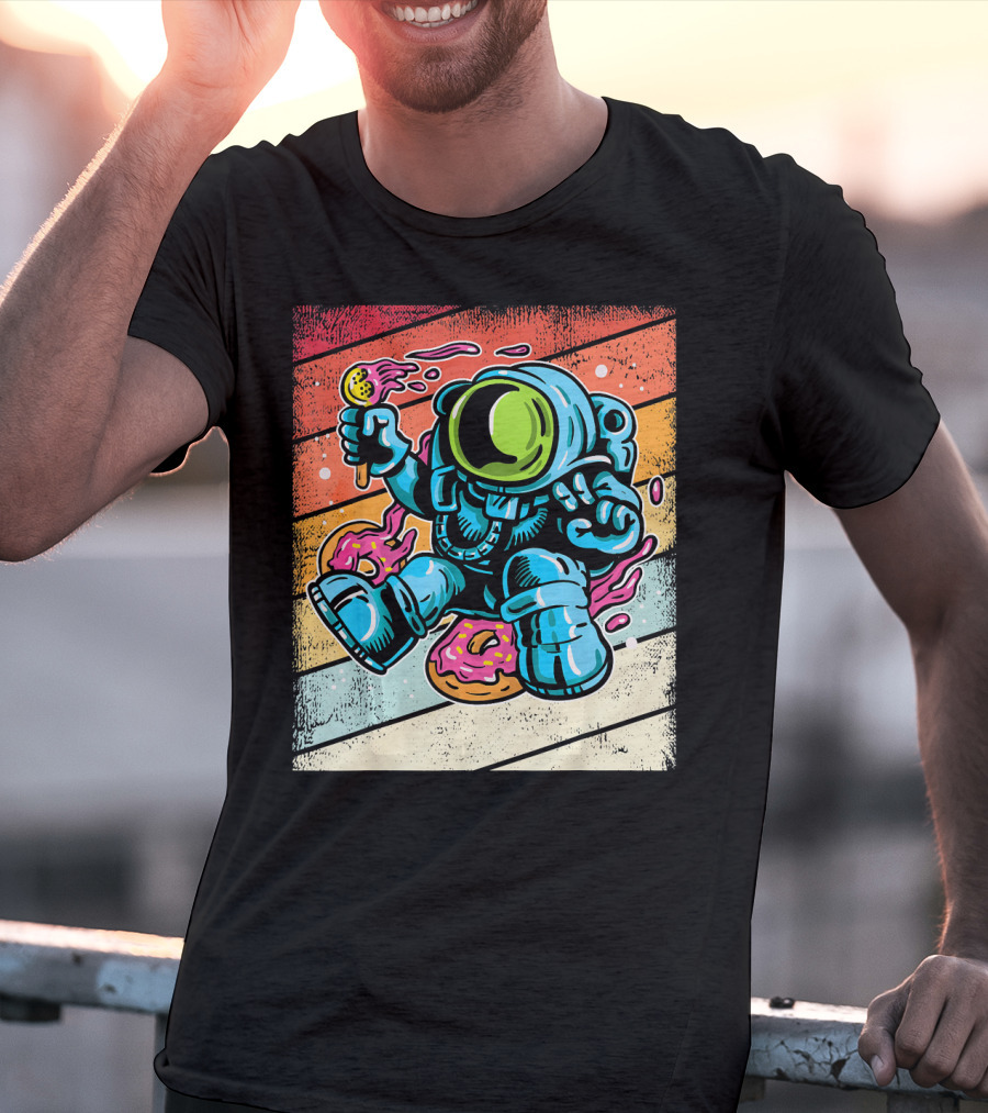 Astronaut Enjoying Ice Cream And Donuts In Retro Space Suit On Colorful T-Shirt