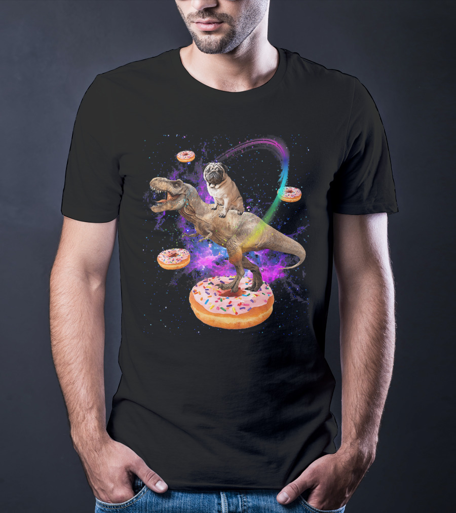 Space Pug Riding Dinosaur T-Rex With Donuts And Galactic Background T-Shirt