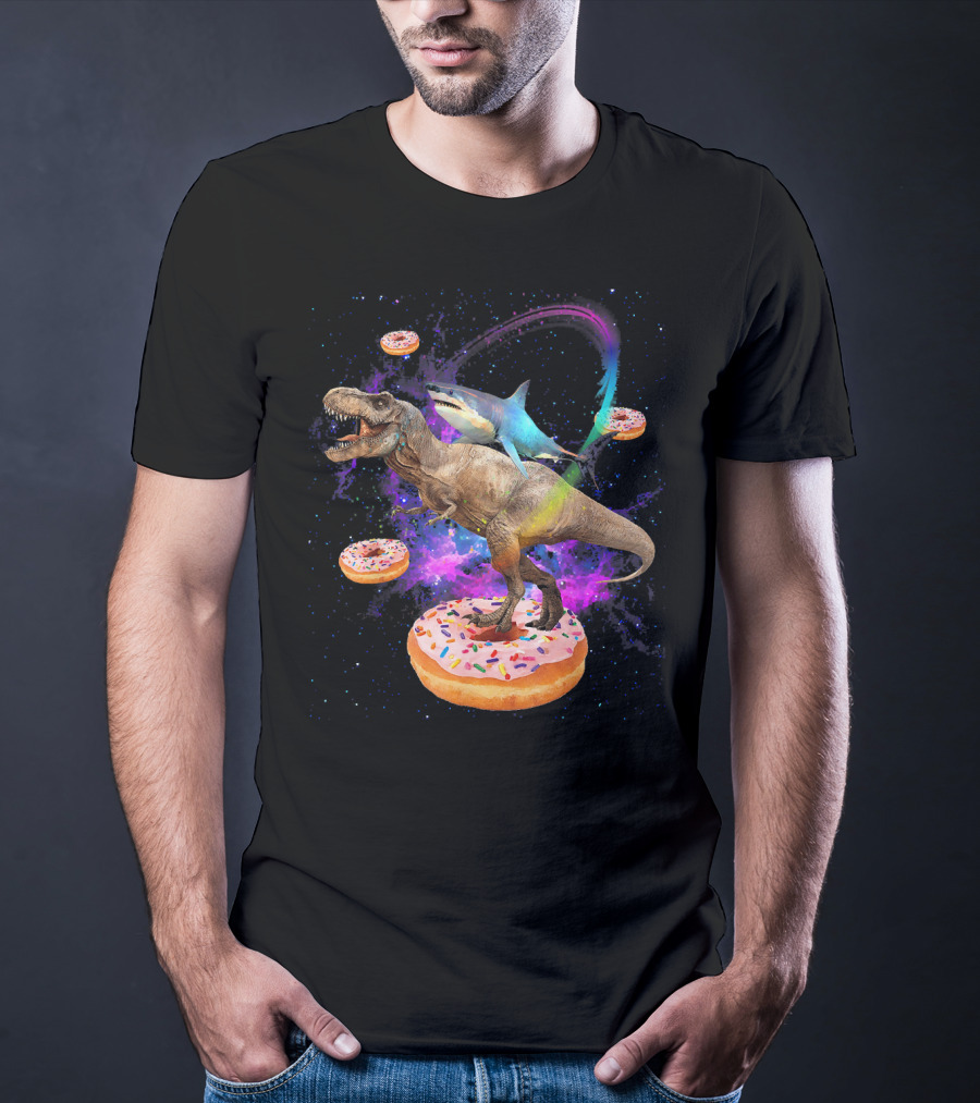 Space Shark And T-Rex Riding On Glazed Donut Galaxy T-Shirt
