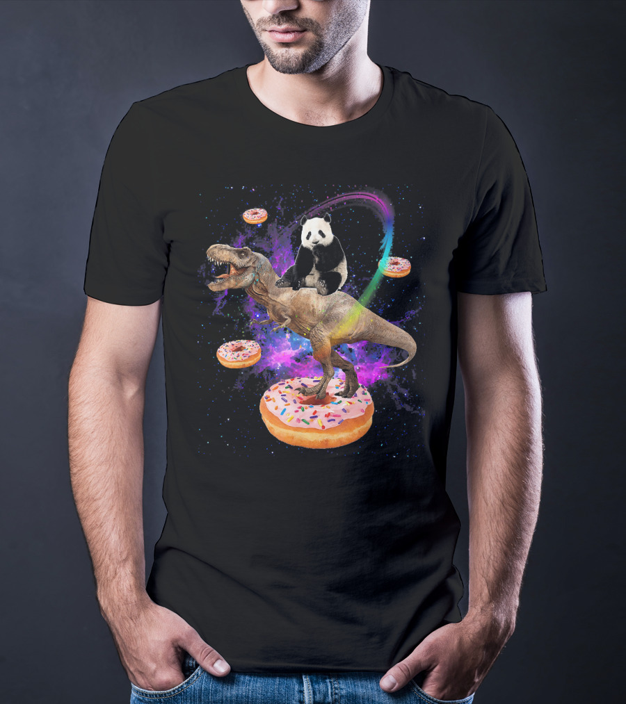 Space Panda Riding T-Rex On Sprinkled Donuts In Galaxy T-Shirt