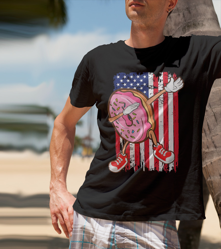 Dabbing American USA Strawberry Frosted Donut On Flag Background T-Shirt