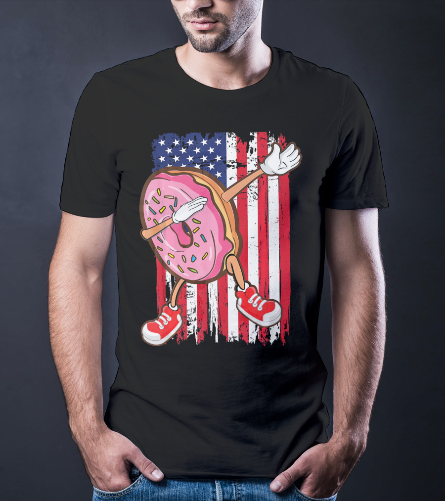 Dabbing American USA Strawberry Frosted Donut On Flag Background T-Shirt