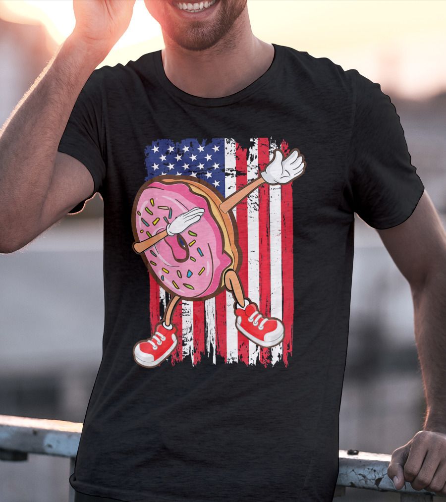 Dabbing American USA Strawberry Frosted Donut On Flag Background T-Shirt
