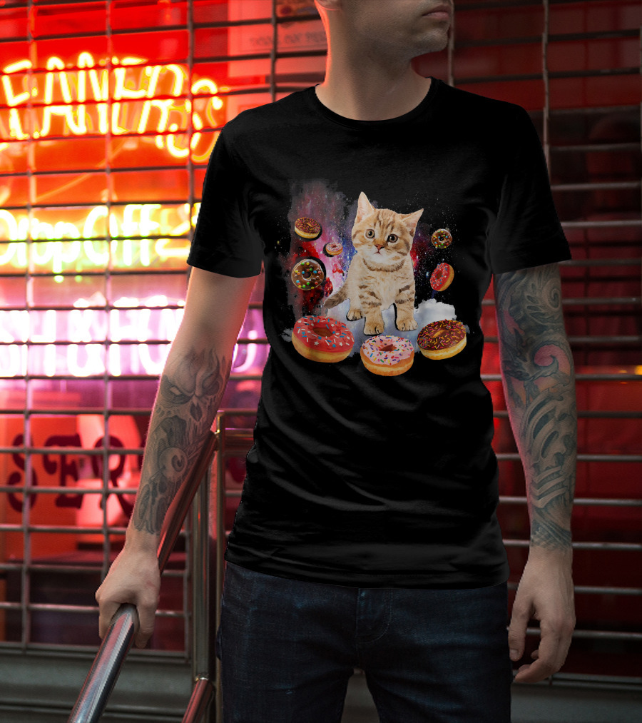 Cosmic Encounter With Cat Surrounded By Colorful Donuts In Space T-Shirt