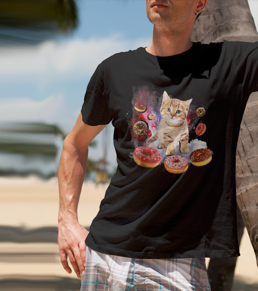 Cosmic Encounter With Cat Surrounded By Colorful Donuts In Space T-Shirt