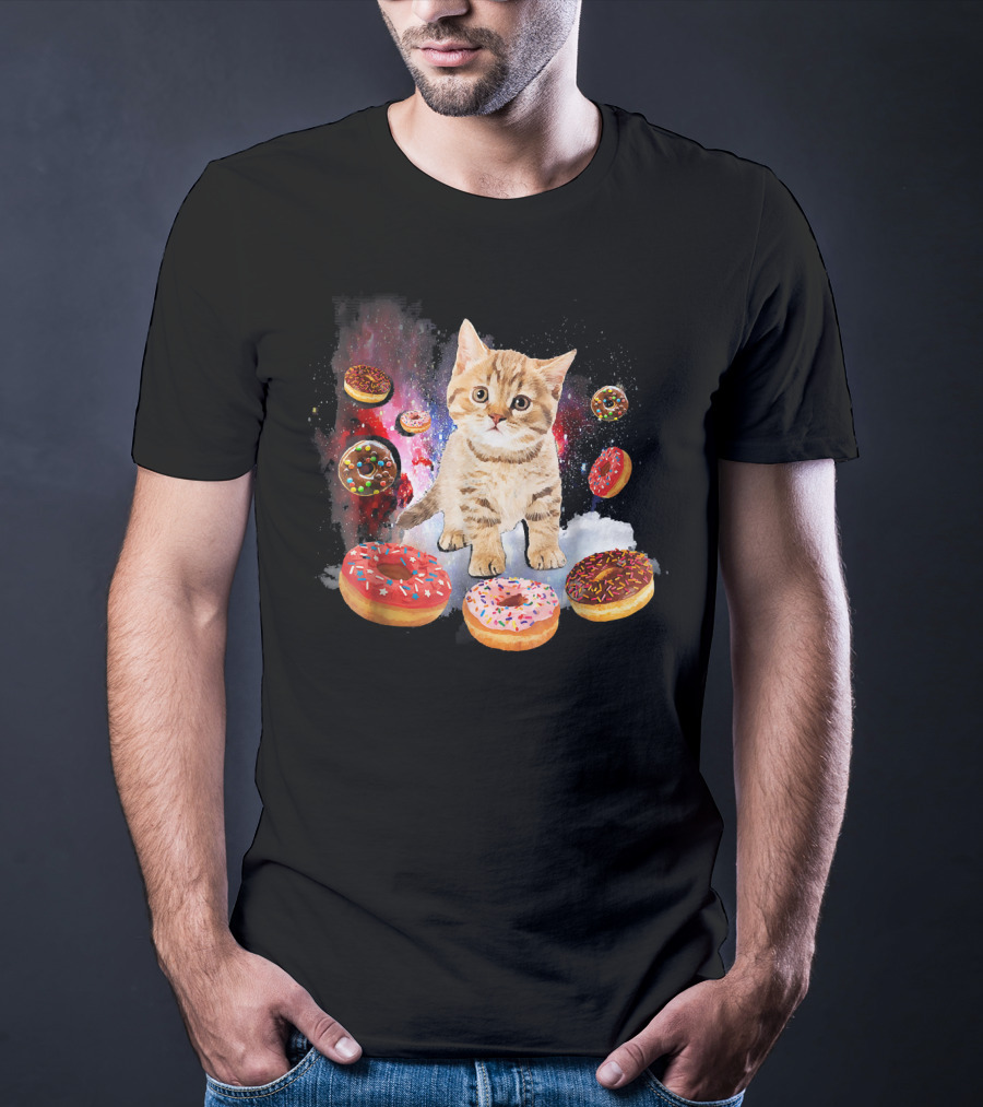 Cosmic Encounter With Cat Surrounded By Colorful Donuts In Space T-Shirt