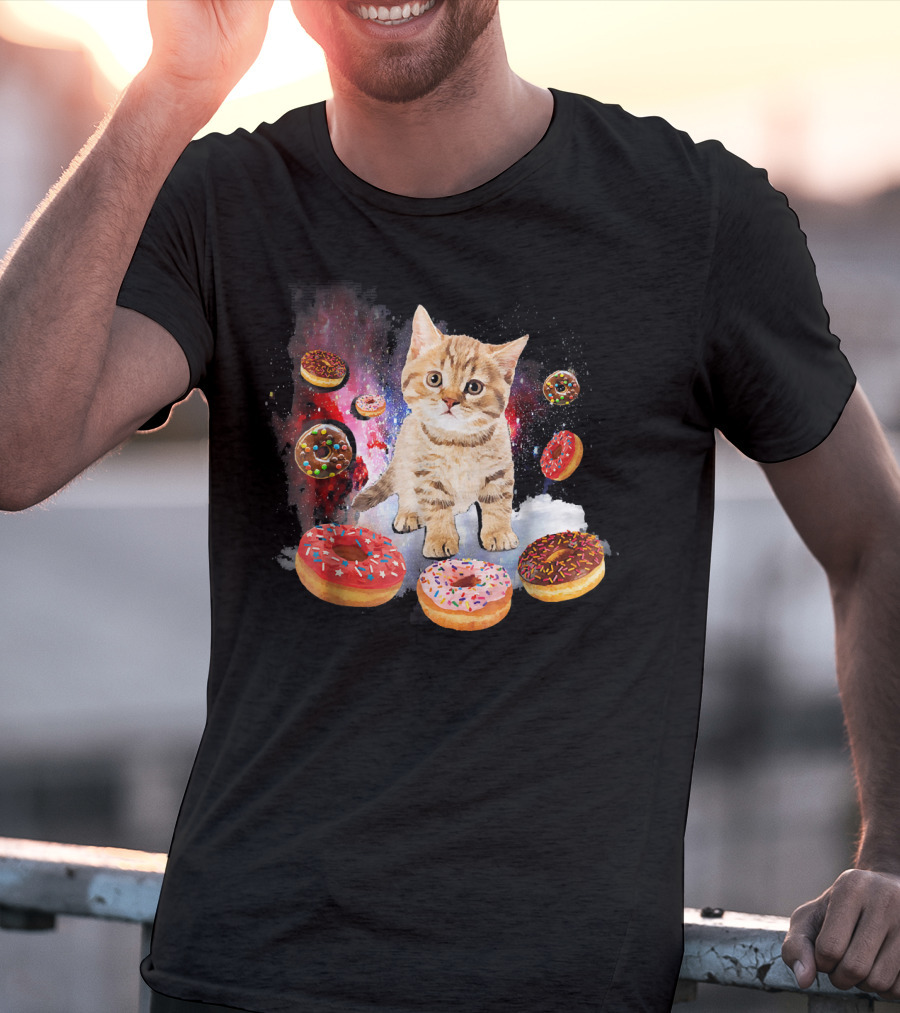 Cosmic Encounter With Cat Surrounded By Colorful Donuts In Space T-Shirt