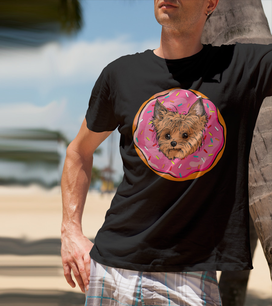 Funny Donut Dog Face Yorkie Yorkie Donut Sprinkles T-Shirt
