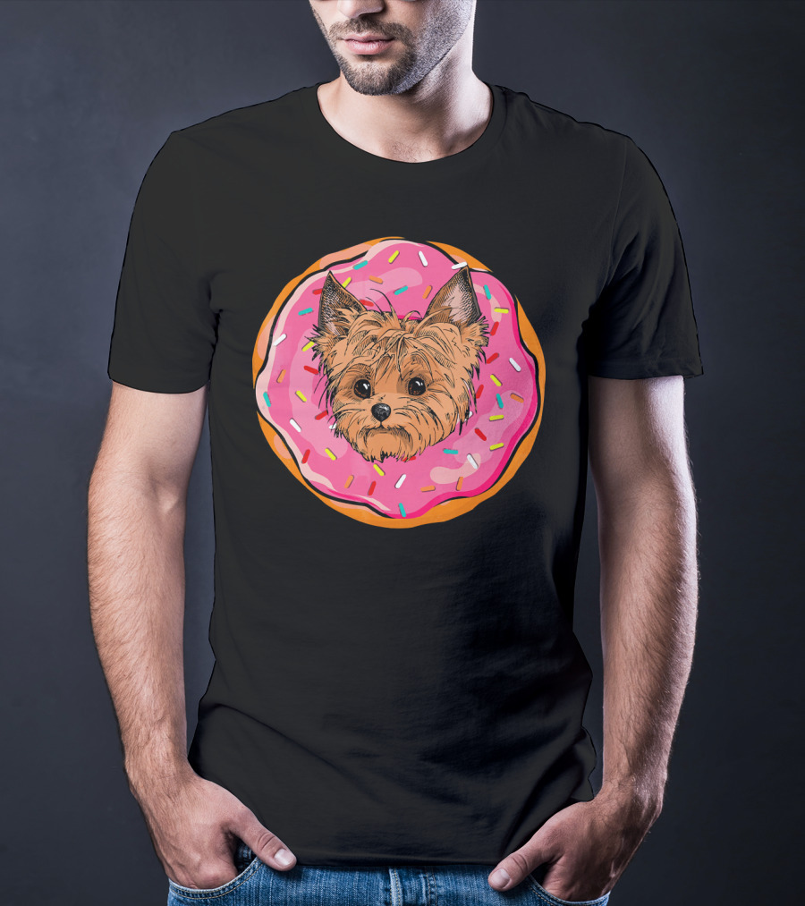 Funny Donut Dog Face Yorkie Yorkie Donut Sprinkles T-Shirt